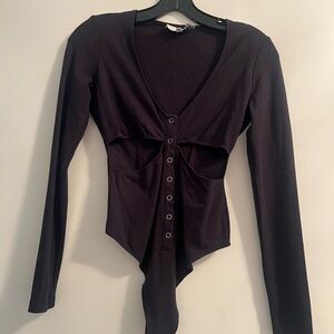 Fleur du Mal Deep Black Long Sleeve Cut Out Bodysuit